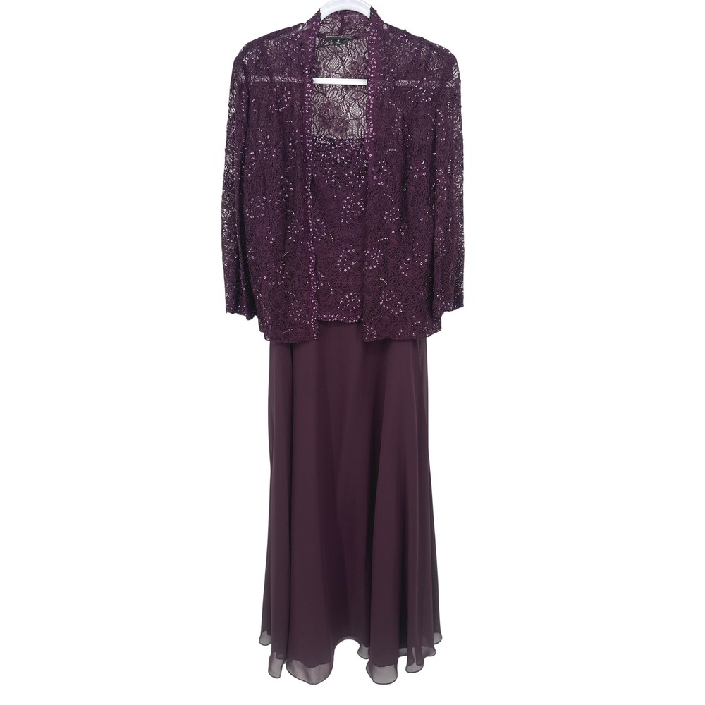 Karen Miller Dress Size 16 Purple Lace Sequin Jacket Gown Formal Mother of Bride
